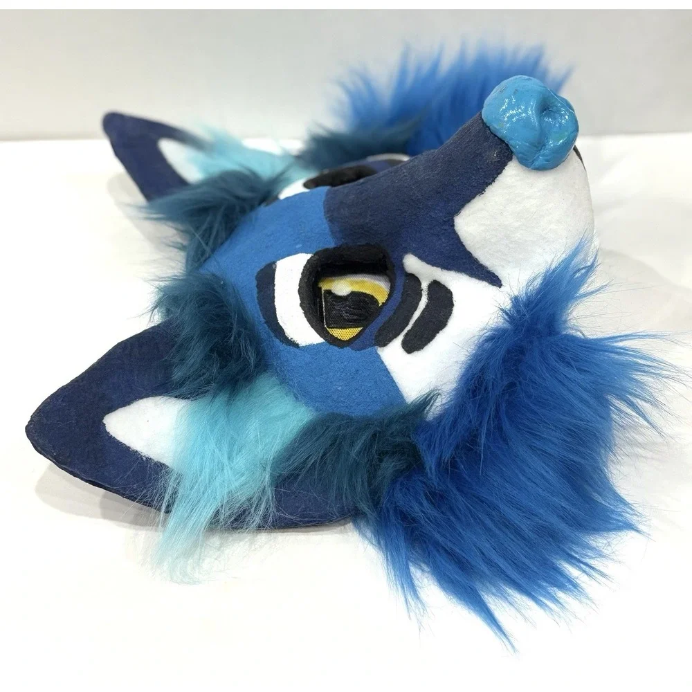 Blue Wolf Fursuit Head Mask Faux Fur Animal Costume Cosplay Character